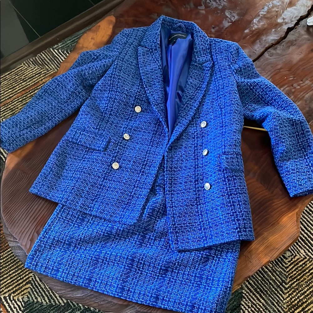 French Connection Blue Tweed Blazer and matching skirt
